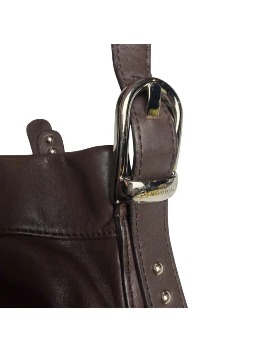 B. Makowsky Brown Leather Studded Crossbody Bag Zipper Accents Biker Boho